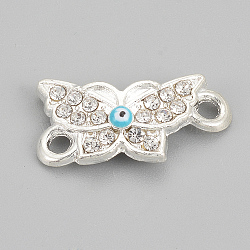 Alloy Rhinestone Links connectors, Cadmium Free & Lead Free, Butterfly with Evil Eye, Sky Blue, Silver Color Plated, 19x9.5x2mm, Hole: 1.5mm(ALRI-S170-01S)
