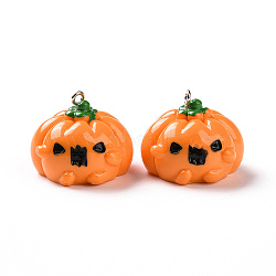 Halloween Opaque Resin Pendants, Pumpkin Jack-O'-Lantern Charms, with Platinum Tone Iron Loops, Dark Orange, 21.5x27x27mm, Hole: 2mm(RESI-D063-14C)