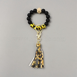 Silicone Round Beaded Keychain Wristlet, with Alloy Keychain Clasps Finding and PU Leather Tassel, Black, 23cm(AJEW-SZC0007-06B)