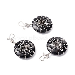 Natural Obsidian Big Pendants, with Platinum Plated Brass Wires Wrapped, Flat Round, 50~53.5x30~31x7.5mm, Hole: 7.55mm(G-P459-01P-D)