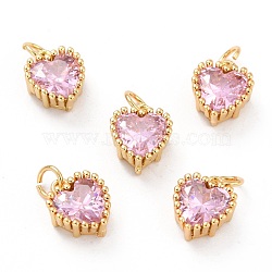 Real 18K Gold Plated Brass Inlaid Cubic Zirconia Charms, with Jump Ring, Long-Lasting Plated, Heart, Pink, 8.5x7x4mm, Jump Ring: 4x0.5mm, 2.5mm Inner Diameter(ZIRC-L100-074G-08)