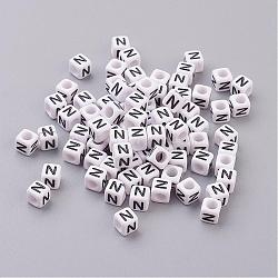 White Letter N Acrylic Cube Beads, Horizontal Hole, Size: about 6mm wide, 6mm long, 6mm high, hole: about 3.2mm, about 300pcs/50g(X-PL37C9308-N)