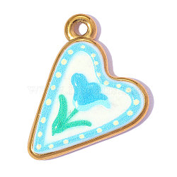 Printed 304 Stainless Steel with Enamel Pendants, Ion Plating(IP), Heart with Tulip Charms, Hand Polished, Real 18K Gold Plated, Sky Blue, 21x18mm, Hole: 2mm(SA-OY002-67G-02)