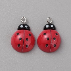 Opaque Resin Pendants, Ladybug Charms, with Platinum Plated Iron Loops, Cerise, 23.5x15x7mm, Hole: 1.8mm(RESI-TAC0005-020)
