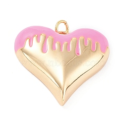 Brass Enamel Pendants, Real 18K Gold Plated, Long-Lasting Plated, Heart, Pink, 25.5x27x7mm, Hole: 3.4mm(KK-P201-24G-F)