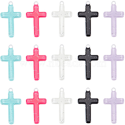 30Pcs 5 Colors Opaque Acrylic Pendants, with Sequins, Cross Charm, Mixed Color, 32x18.5x3mm, Hole: 2mm(OACR-SC0001-35)