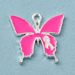 Breast Cancer Pink Awareness Ribbon Theme Alloy Enamel Pendants, Silver, Butterfly, 19x19.5x1.6mm, Hole: 1.5mm(ENAM-A147-01J)