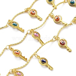 Brass Curved Bar Link Chains, with Colorful Enamel Key with Evil Eye Charms, Soldered, with Spool, Real 18K Gold Plated, 18x1mm, about 32.81 Feet(10m)/Roll(CHC-C001-06G)