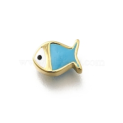 Brass Enamel Beads, Rack Plating, Cadmium Free & Lead Free, Long-Lasting Plated, Real 18K Gold Plated, Fish, Light Sky Blue, 6x8.5x3.5mm, Hole: 1mm(KK-P295-47G-01)