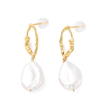 Teardrop Natural Pearl Stud Earrings for Women, Sterling Silver Dangle Earrings, Real 18K Gold Plated, 38x14mm