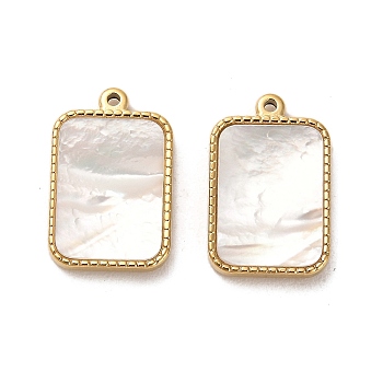 304 Stainless Steel Pendants, with Shell, Rectangle Charms, Real 14K Gold Plated, 18.5x12x2.5mm, Hole: 1.2mm