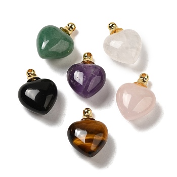 Natural Mixed Gemstone Perfume Bottle Pendants, Heart Charms with Golden Plated 304 Stainless Steel Findings, 28x20x12mm, Hole: 2mm