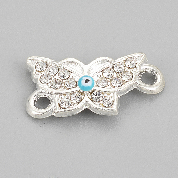 Alloy Rhinestone Links connectors, Cadmium Free & Lead Free, Butterfly with Evil Eye, Sky Blue, Silver Color Plated, 19x9.5x2mm, Hole: 1.5mm