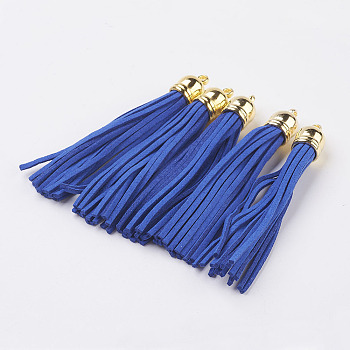 Faux Suede Tassel Pendant Decorations, with CCB Plastic Cord Ends, Golden, Medium Blue, 84~89x11.5~12mm, Hole: 2.5mm