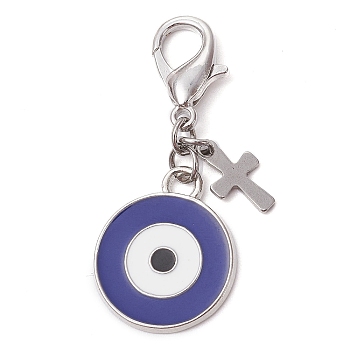 Alloy Enamel Pendant Decoration, with Alloy Clasp, Flat Round with Evil Eyes, Dark Slate Blue, 42mm