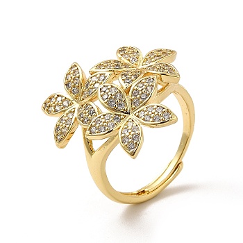 Clear Cubic Zirconia Leaf Adjustable Ring, Brass Jewelry for Women, Cadmium Free & Lead Free, Real 18K Gold Plated, Inner Diameter: 18mm