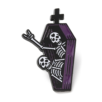 Halloween Theme Alloy Enamel Brooch, Pin for Backpack Clothes, Coffin, Skull, 31x20x1.5mm