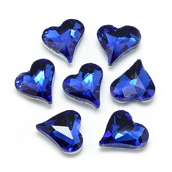 Pointed Back Glass Rhinestone Cabochons, Faceted, Back Plated, Heart, Royal Blue, 12x11.8x4.5mm