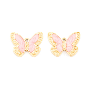 Ion Plating(IP) 304 Stainless Steel Charms, with Enamel, Real 18K Gold Plated, Butterfly Charm, Misty Rose, 11.5x14.5x1.5mm, Hole: 1mm