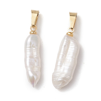 Natural Baroque Pearl Keshi Pearl Pendants, Stick Charms with 304 Stainless Steel Snap on Bails, Floral White, Golden, 23.5x6~8x5~5.5mm, Hole: 6x3mm