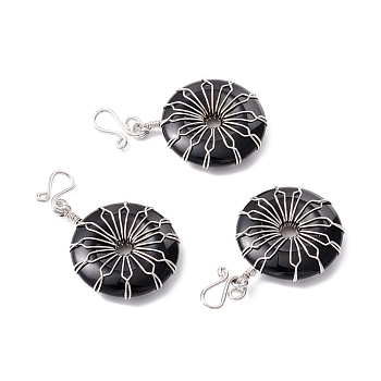 Natural Obsidian Big Pendants, with Platinum Plated Brass Wires Wrapped, Flat Round, 50~53.5x30~31x7.5mm, Hole: 7.55mm