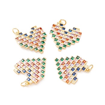 Brass Micro Pave Colorful Cubic Zirconia Pendants, with Jump Ring, Long-Lasting Plated, Lead Free & Cadmium Free & Nickel Free, Heart, Real 18K Gold Plated, 24x21x2.5mm, Hole: 3.5mm