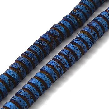 Electroplated Natural Lava Rock Beads Strands, Flat Round/Disc, Heishi Beads, Blue Plated, 7x3mm, Hole: 3mm, about 123pcs/strand, 16.14''(41cm)