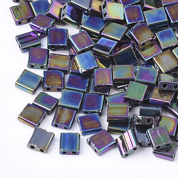 Electroplate Opaque Glass Seed Beads, 2-Hole, Rectangle, Rainbow Plated, 5x4.5~5.5x2~2.5mm, Hole: 0.5~0.8mm