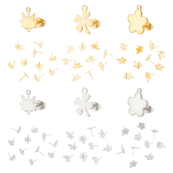60Pcs 6 Style 304 Stainless Steel Stud Earring Findings, with Horizontal Loops and 201 Stainless Steel Ear Nuts/Earring Backs, Flower & Clover & Maple Leaf, Golden & Stainless Steel Color, 11~14x10~12mm, Hole: 1~1.4mm, Pin: 0.8mm, 10Pcs/style