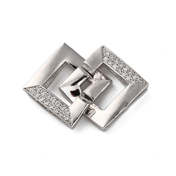 Rack Plating Square Brass Interlocking Clasps, with Clear Cubic Zirconia, Long-Lasting Plated, Lead Free & Cadmium Free, Platinum, 26mm