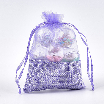 Organza Bags, with Burlap Cloth, Drawstring Bags, Rectangle, Lilac, 13.2~14.2x9.6~10.2cm