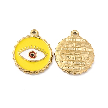 Vacuum Plating 201 Stainless Steel Enamel Pendants, Real 18K Gold Plated, Flat Round with Evil Eye Charm, Yellow, 23.5x20x2.5mm, Hole: 1.2mm