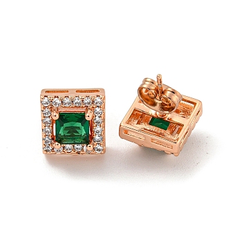 Square Brass Micro Pave Clear Cubic Zirconia Stud Earrings, with Emerald Rhinestone for Women, Rose Gold, 10x10mm