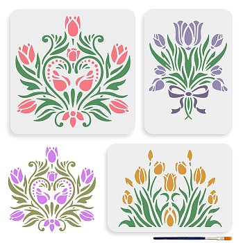 US 1 Set PET Hollow Out Drawing Painting Stencils, with 1Pc Art Paint Brushes, for DIY Scrapbook, Photo Album, Flower, Painting Stencils: 297~300x210~300mm, 3pcs/set