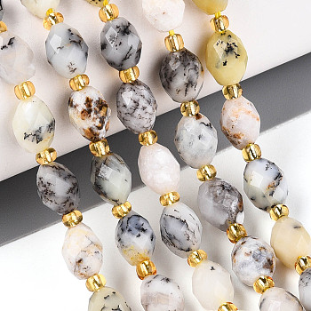 Natural Flower Opal Beads Strands, Faceted, Oval, with Seed Beads, 8~9x6~8mm, Hole: 1~1.2mm, about 17~19pcs/strand, 7.09~7.87 inch(18~20cm)