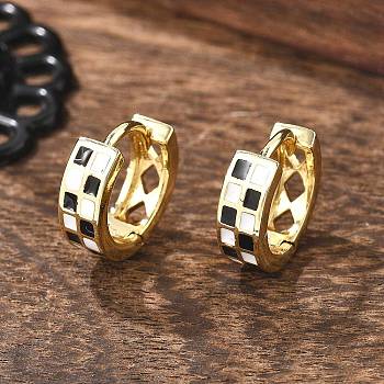 Tartan Pattern Enamel Chunky Hinged Huggie Hoop Earrings for Women, Real 18K Gold Plated Brass Jewelry, Cadmium Free & Nickel Free & Lead Free, Black, 13x4mm, Pin: 1mm