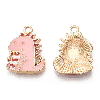 Alloy Enamel Pendants, Cadmium Free & Lead Free, Dinosaur Shape, Light Gold, Pink, 20.5x15x2.5mm, Hole: 1.8mm