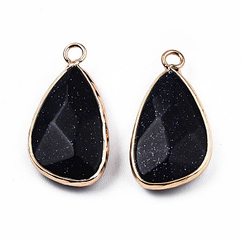 Synthetic Blue Goldstone Pendants, with Light Gold Plated Brass Findings, Faceted, Teardrop Charm, 27x14.5x6mm, Hole: 2.5mm