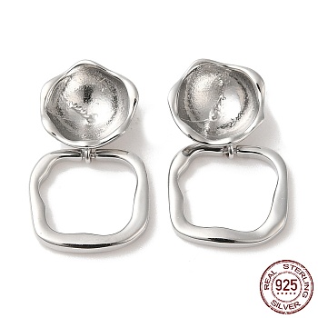 Rhodium Plated 925 Sterling Silver Stud Earring Findings, Irregular Square Dangle Earring, with S925 Stamp, for Half Drilled Beads, Real Platinum Plated, 20x13x5mm, Pin: 0.7mm