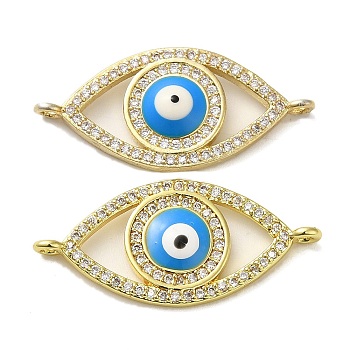 Rack Plating Brass Micro Pave Cubic Zirconia Connector Charms, Eye Links with Evil Eye Enamel, Long-Lasting Plated, Lead Free & Cadmium Free, Real 18K Gold Plated, Clear, 13x28x3mm, Hole: 1.4mm