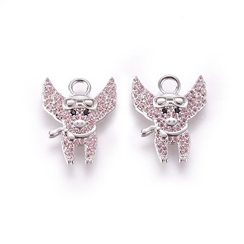 Brass Micro Pave Cubic Zirconia Pendants, Piggy with Wing & Glasses, Pink, Platinum, 20x16x2mm, Hole: 3mm