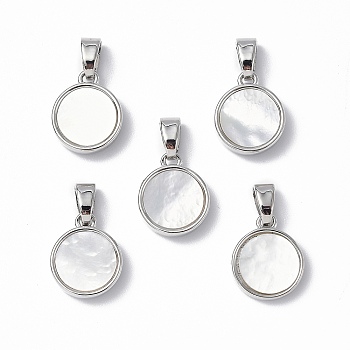 Platinum Tone Brass Charms, with Freshwater Shell, Nickel Free, Flat Round, 12x10x3mm, Hole: 4.5x2mm