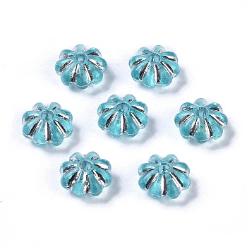Acrylic Beads, Silver Metal Enlaced, Flower, Turquoise, 6.5x6.5x3.5mm, Hole: 1.6mm, about 6250pcs/500g