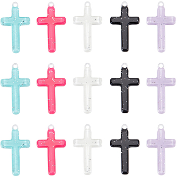 30Pcs 5 Colors Opaque Acrylic Pendants, with Sequins, Cross Charm, Mixed Color, 32x18.5x3mm, Hole: 2mm