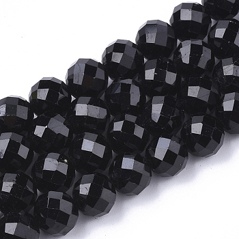 Natural Black Tourmaline Beads Strands, Faceted, Round, 7.5~8x8mm, Hole: 1mm, about 25pcs/strand, 7.48 inch
