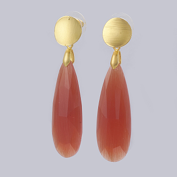 Brass Stud Earrings, with Glass, teardrop, Golden, Tomato, 52.5mm, Pin: 0.7mm