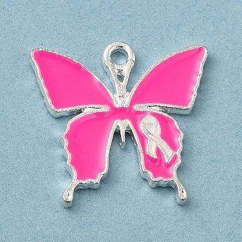 Breast Cancer Pink Awareness Ribbon Theme Alloy Enamel Pendants, Silver, Butterfly, 19x19.5x1.6mm, Hole: 1.5mm