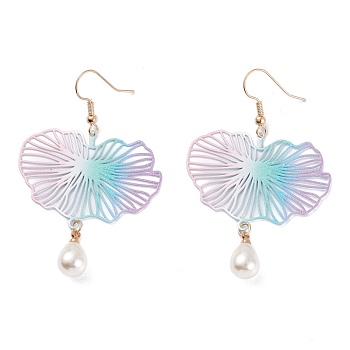 Spray Painted Stainless Steel Dangle Earrings, Etched Metal Embellishments, with Iron Earring Hooks and Plastic Imitation Pearl Charms, Lotus Leaf, Golden, Colorful, 60mm, Pin: 0.7mm