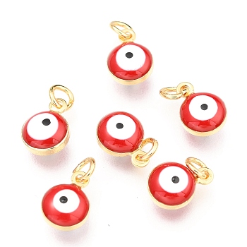 Brass Enamel Beads, Real 18K Gold Plated,Long-Lasting Plated, with Jump Ring, Flat Round with Evil Eye, Red, 9.5x6.5x4.5mm, Hole: 2.5mm