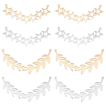 8Pcs 4 Style 201 Stainless Steel Pendants, Filigree Joiners Findings, Laser Cut, Olive Branch & Star, Golden & Silver, 2pcs/style